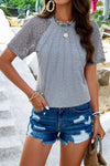 Lace Detail Round Neck Short Sleeve T-Shirt Cloudy Blue Women's T-Shirts - Tophatter Daily Deals