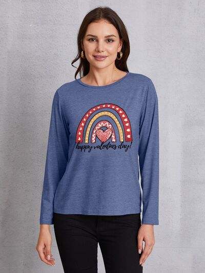 HAPPY VALENTINE'S DAY Round Neck Long Sleeve T-Shirt Dusty Blue Women's T-Shirts - Tophatter Daily Deals