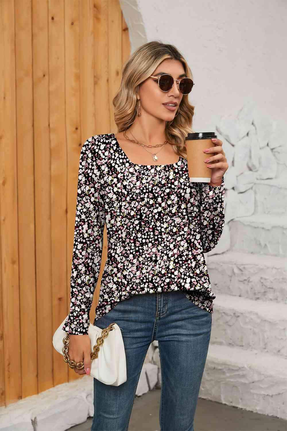 Printed Square Neck Long Sleeve Blouse Black Blouses - Tophatter Daily Deals