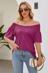 Smocked Round Neck Flutter Sleeve T-Shirt Women's T-Shirts - Tophatter Daily Deals
