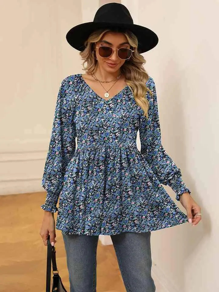 Printed V-Neck Lantern Sleeve Blouse Blouses - Tophatter Daily Deals