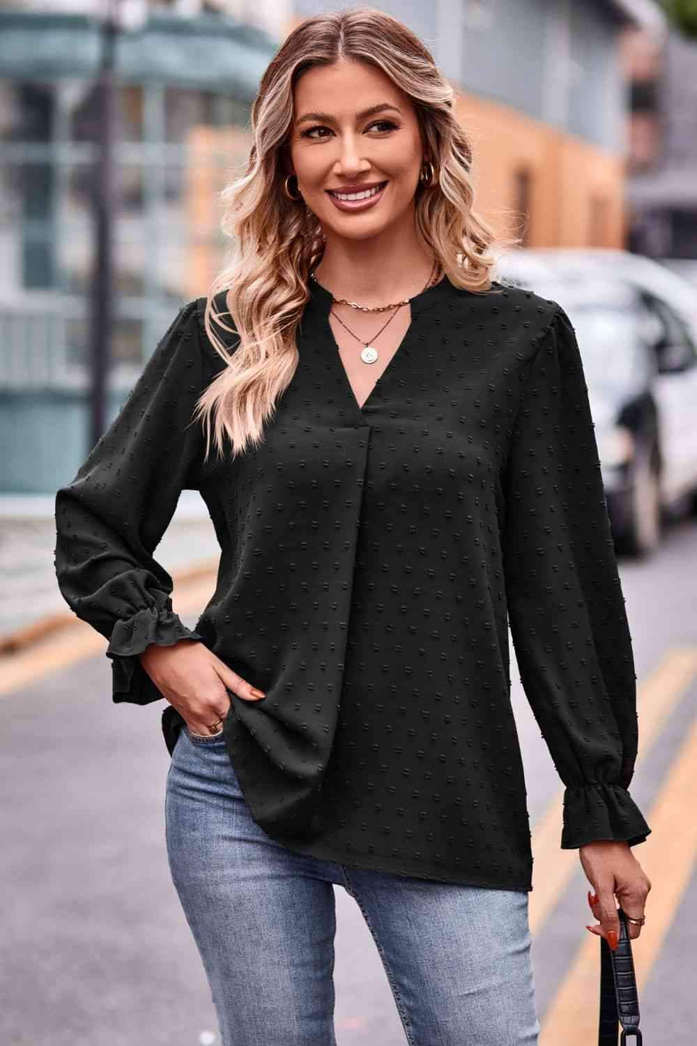 Swiss Dot Notched Neck Flounce Sleeve Blouse Blouses - Tophatter Daily Deals