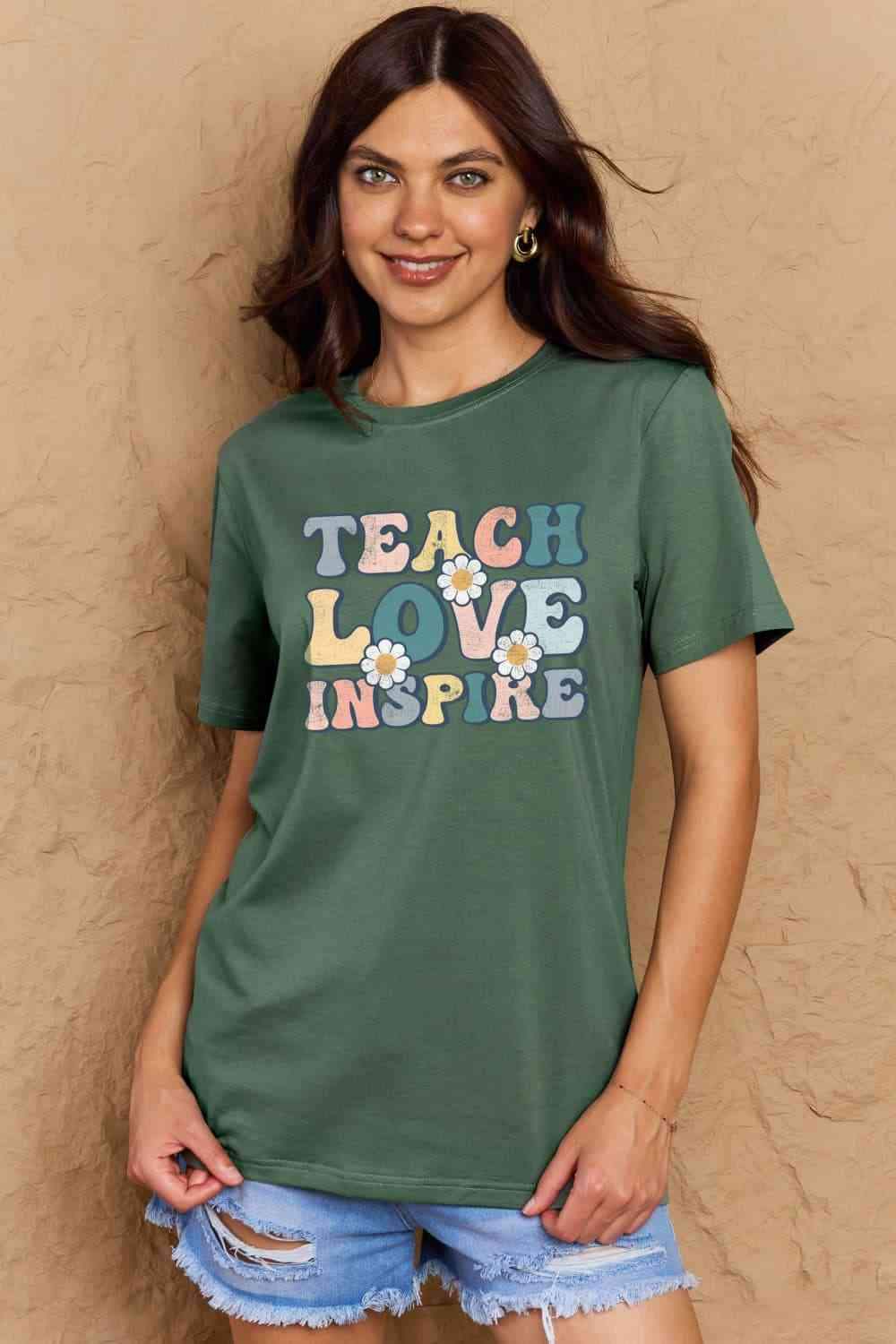 Simply Love Full Size TEACH LOVE INSPIRE Graphic Cotton T-Shirt Green Women's T-Shirts - Tophatter Daily Deals