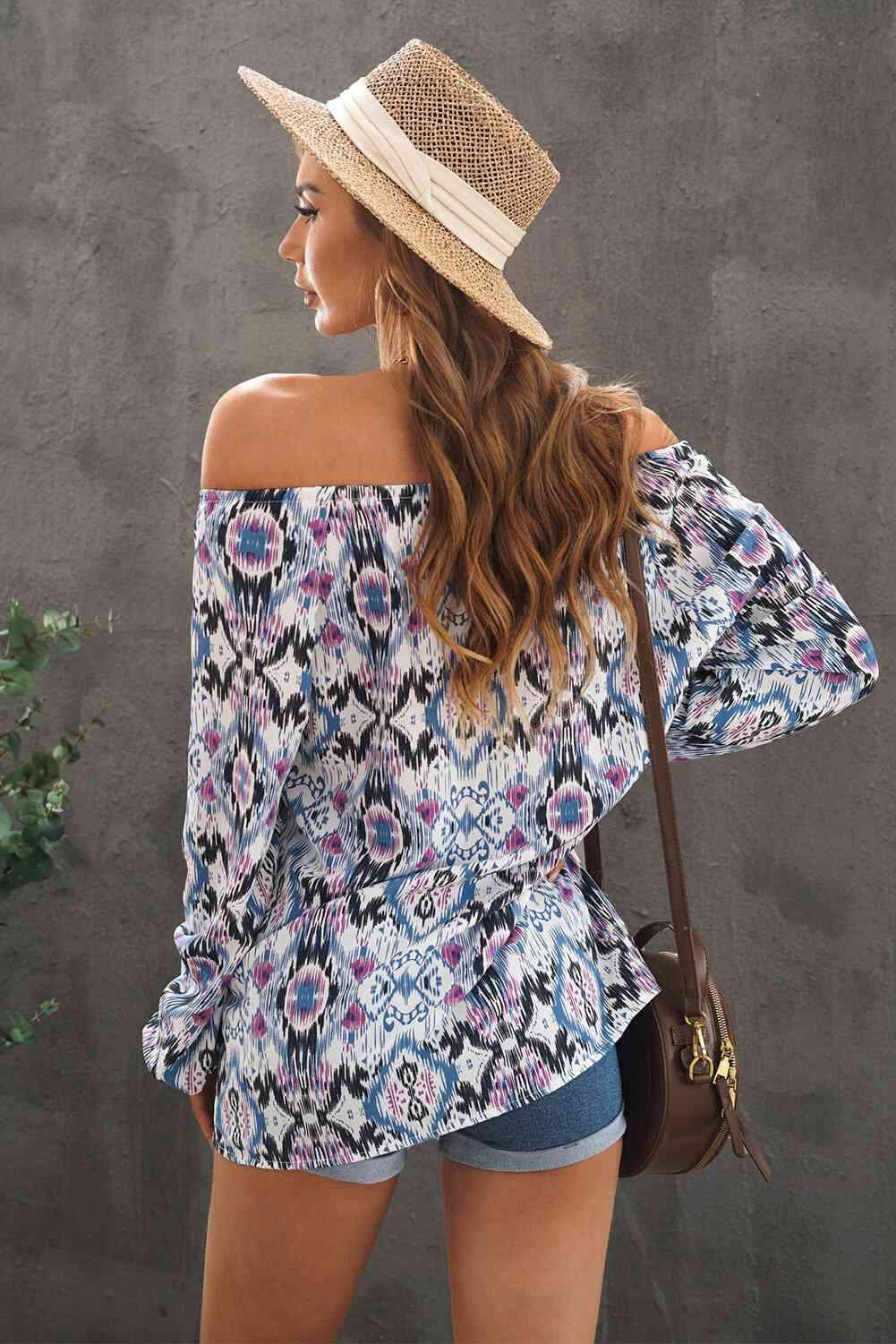 Printed Off-Shoulder Tied Balloon Sleeve Blouse Blouses - Tophatter Daily Deals