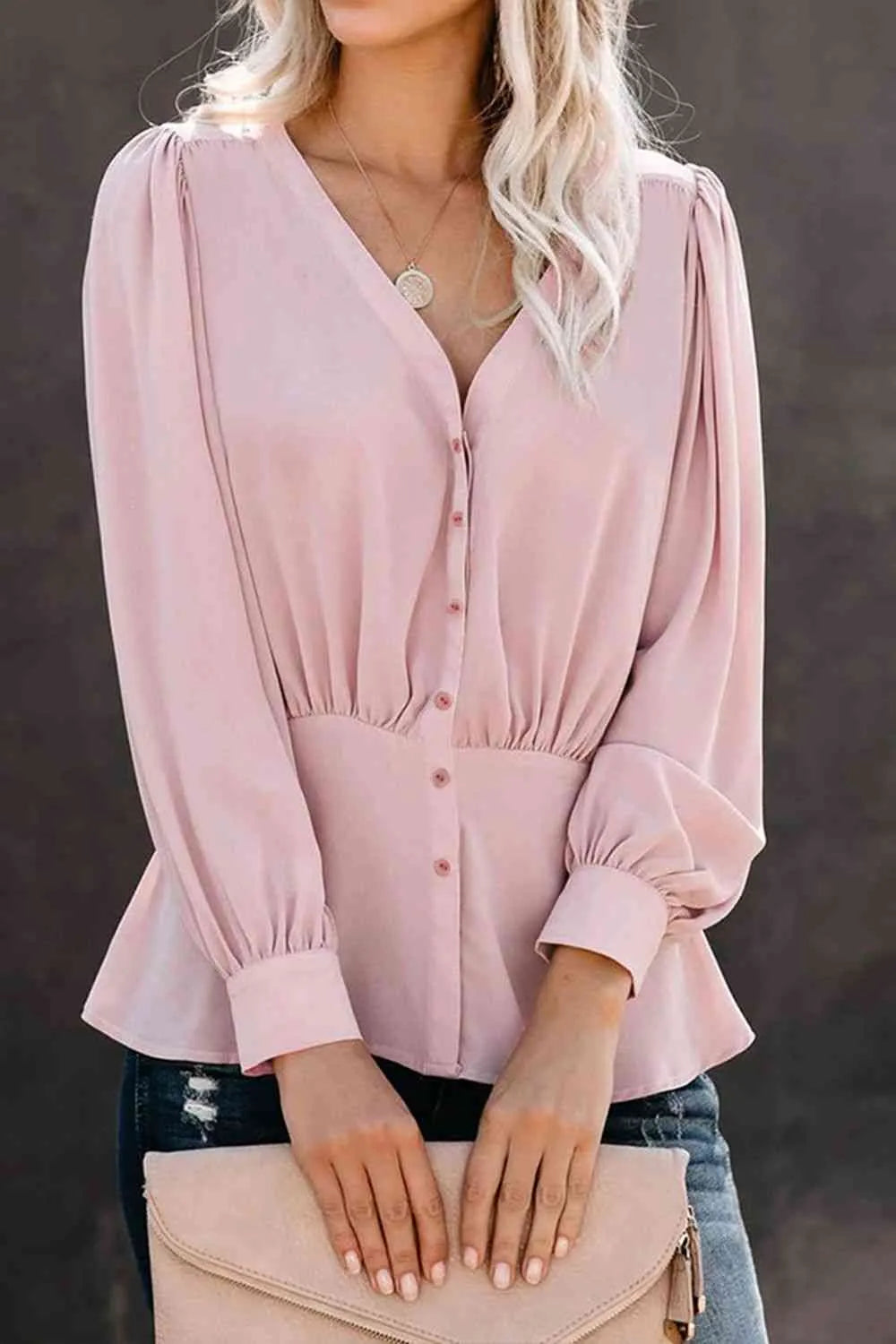 Buttoned Puff Sleeve Blouse Blouses - Tophatter Daily Deals