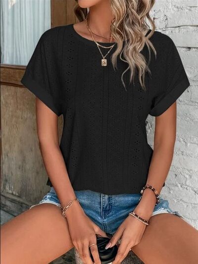 Eyelet Round Neck Short Sleeve T-Shirt Women's T-Shirts - Tophatter Daily Deals