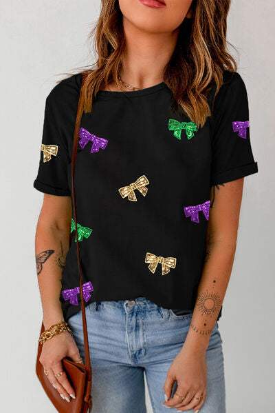 Bow Print Sequin Round Neck Short Sleeve T-Shirt Black Women's T-Shirts - Tophatter Daily Deals