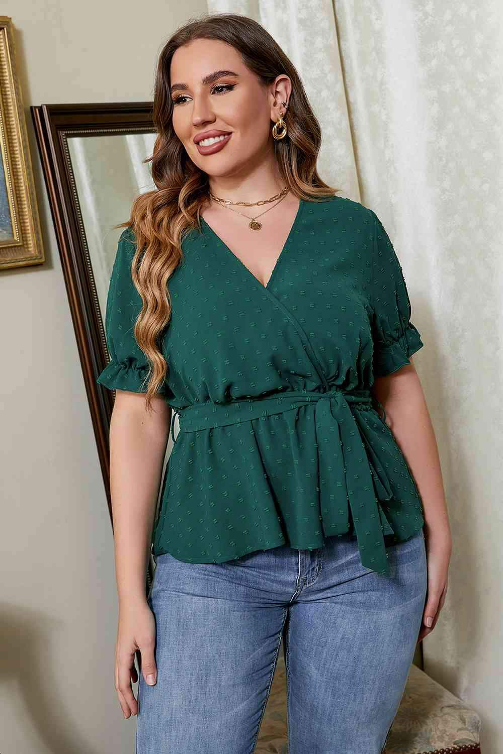 Plus Size Surplice Neck Tie Waist Blouse Blouses - Tophatter Daily Deals