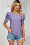 Eyelet Round Neck Puff Sleeve T-Shirt Women's T-Shirts - Tophatter Daily Deals