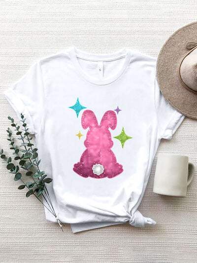 Rabbit Round Neck Short Sleeve T-Shirt White Women's T-Shirts - Tophatter Daily Deals