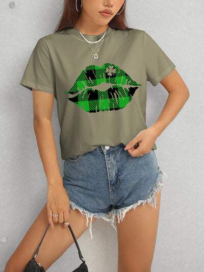 Plaid Lip Graphic Round Neck T-Shirt Women's T-Shirts - Tophatter Daily Deals