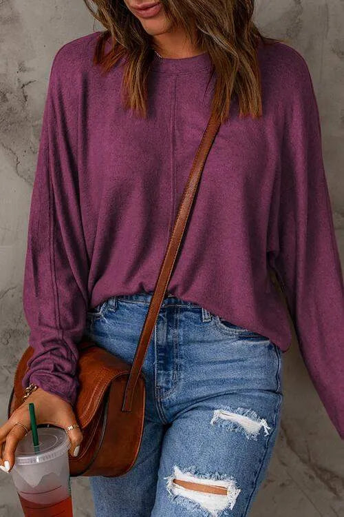 Seam Detail Round Neck Long Sleeve Top Women's T-Shirts - Tophatter Daily Deals