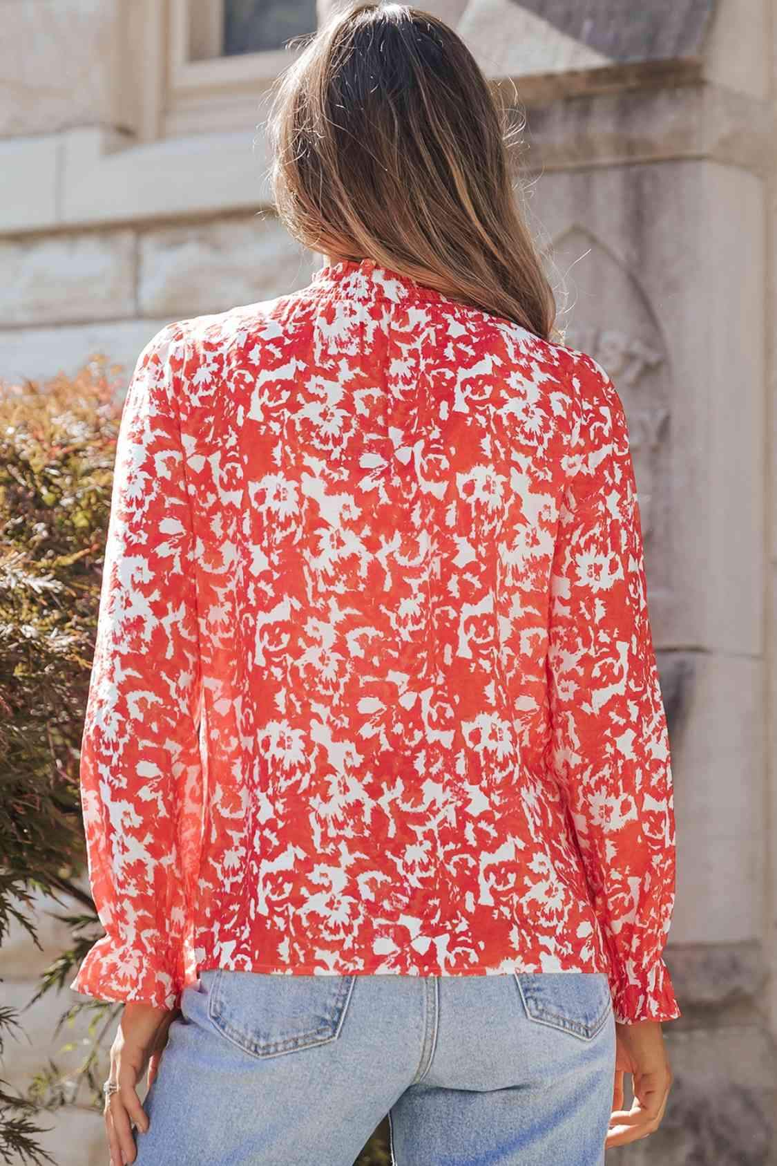 Printed Tie Neck Flounce Sleeve Blouse Blouses - Tophatter Daily Deals