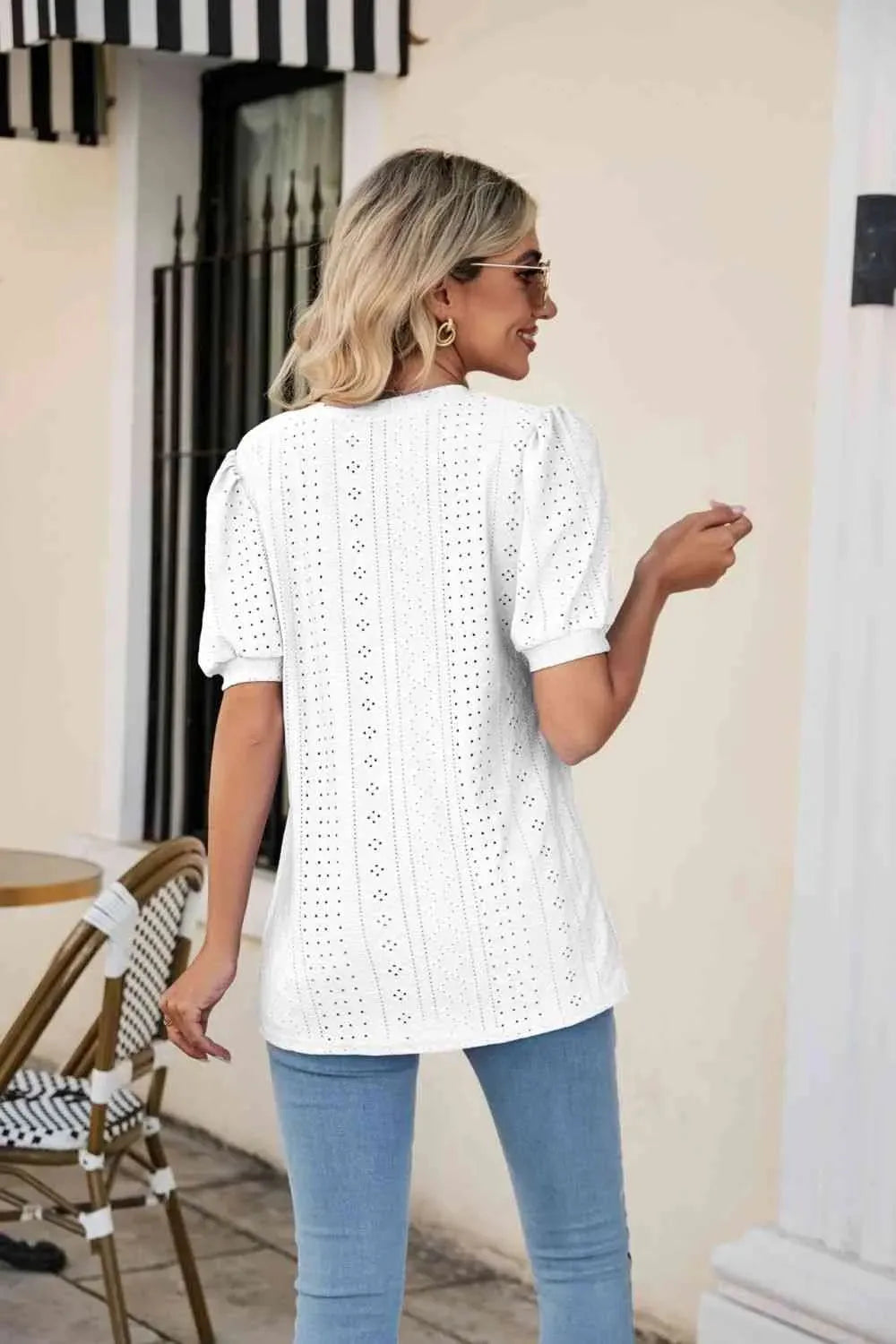 Eyelet Puff Sleeve V-Neck Top Blouses - Tophatter Daily Deals