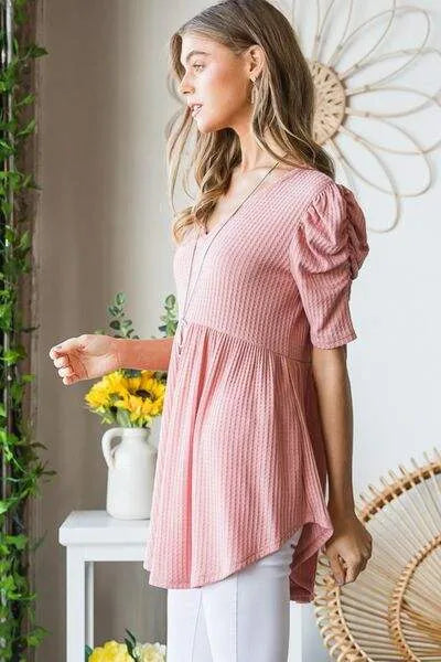 Heimish Full Size Waffle Knit V-Neck Babydoll Top Blouses - Tophatter Daily Deals