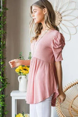 Heimish Full Size Waffle Knit V-Neck Babydoll Top Blouses - Tophatter Daily Deals