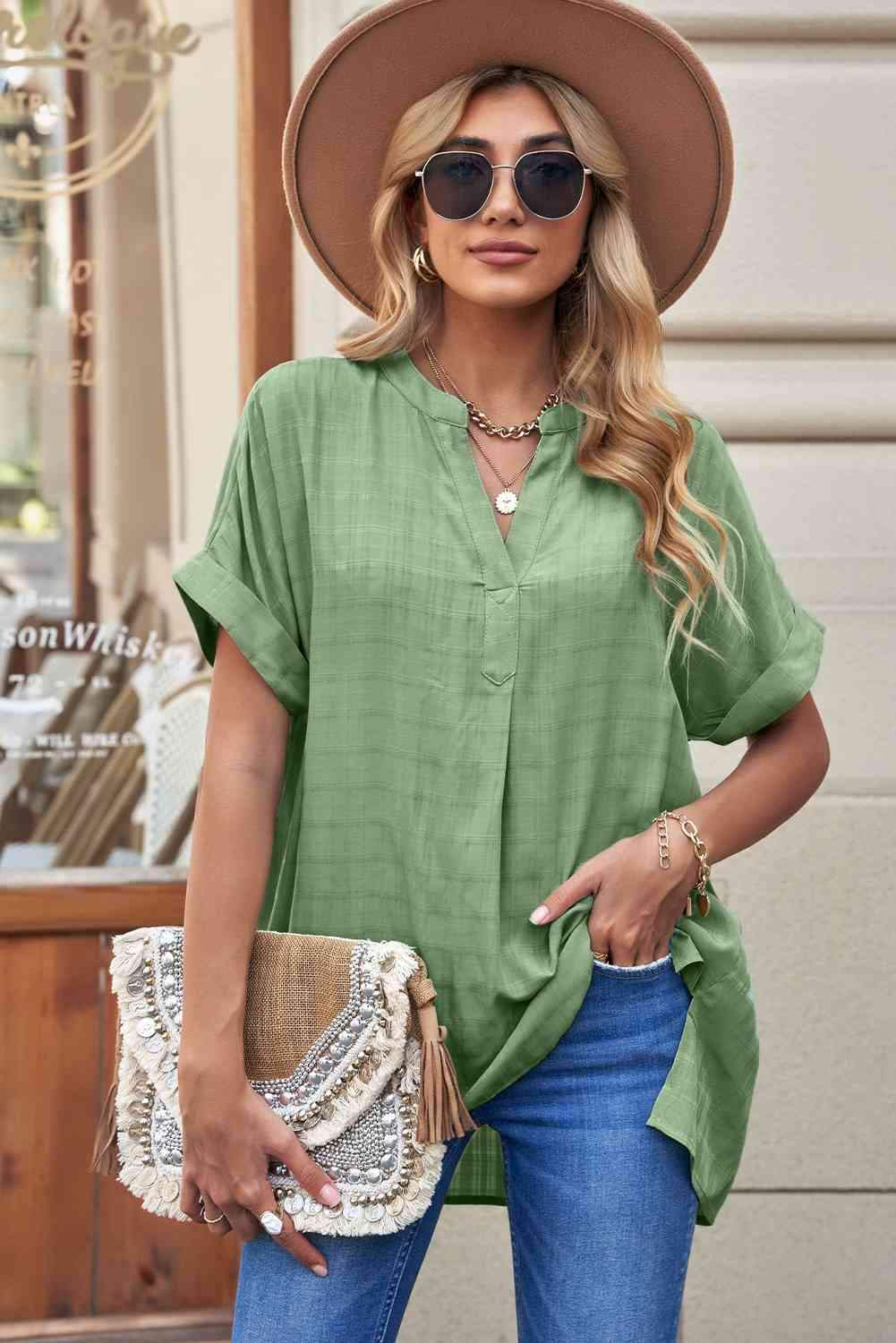 Notched Side Slit Cuffed Blouse Blouses - Tophatter Daily Deals