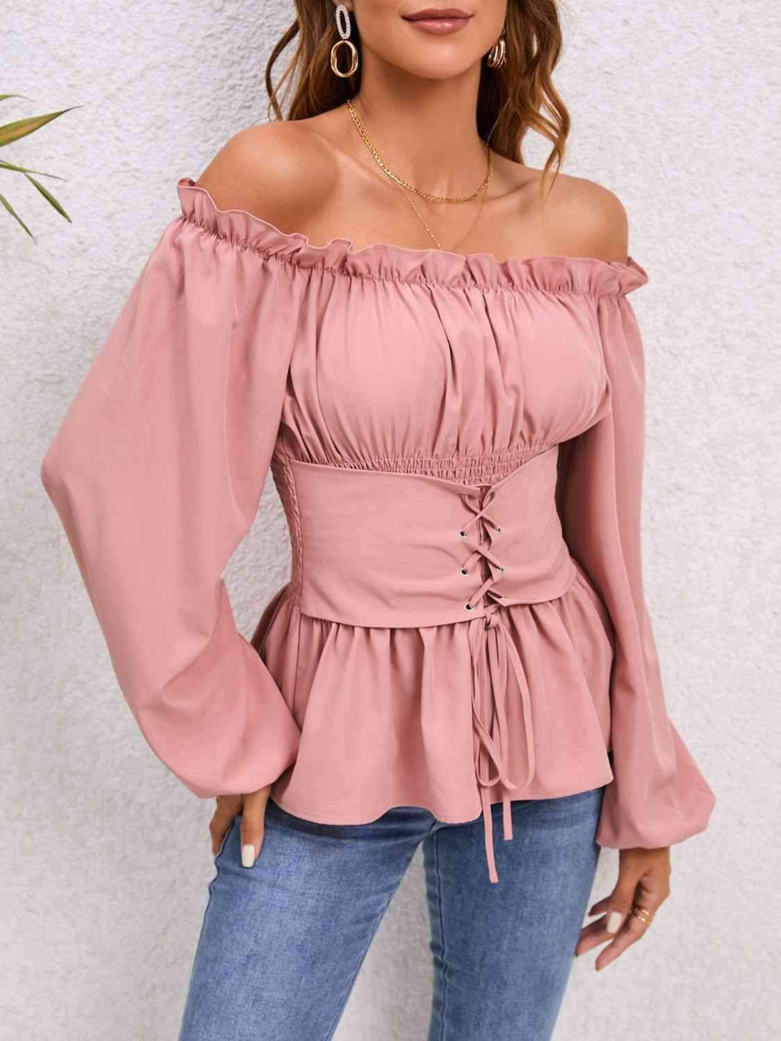 Lace-Up Balloon Sleeve Off-Shoulder Blouse Blouses - Tophatter Daily Deals