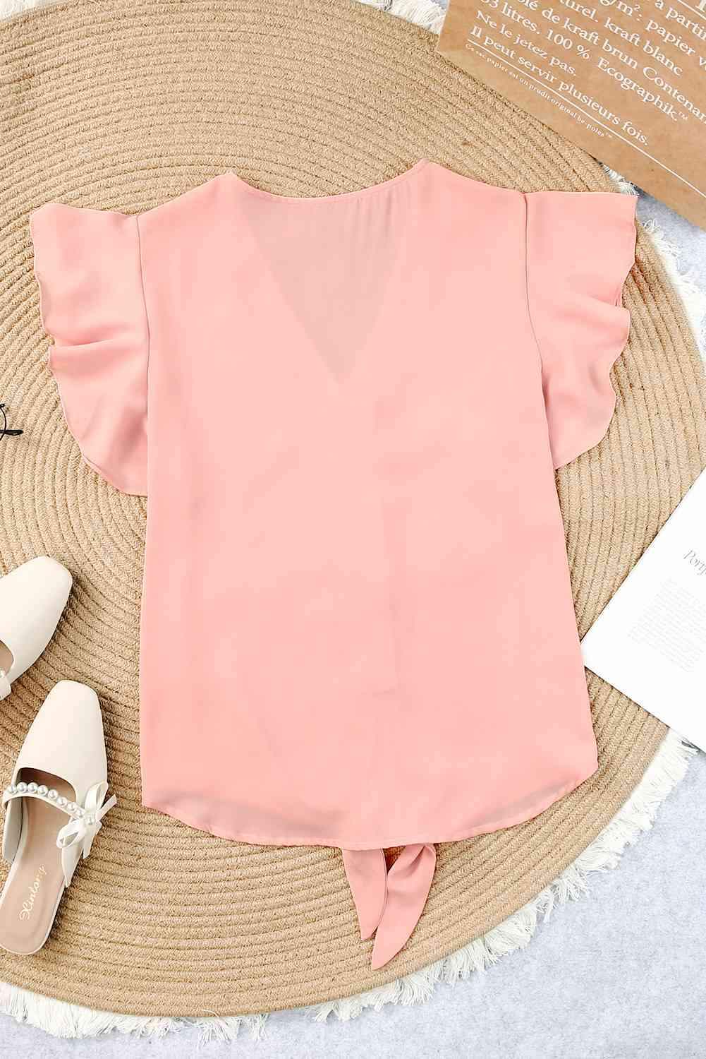 V-Neck Tie Hem Flutter Sleeve Blouse Blouses - Tophatter Daily Deals