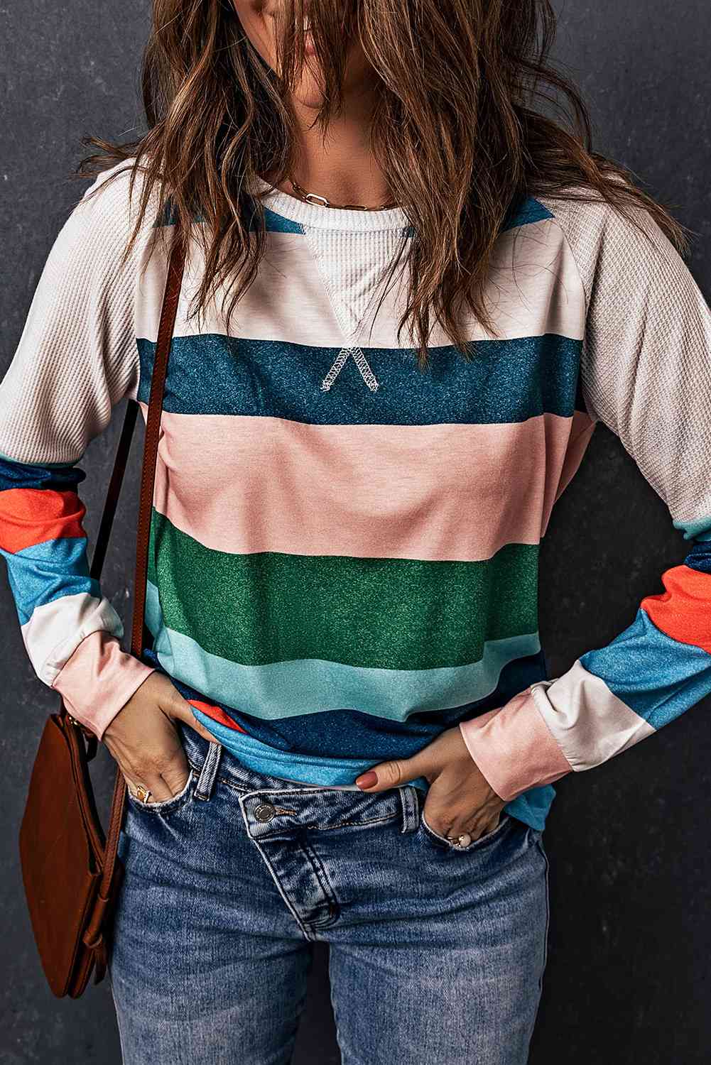 Striped Raglan Sleeve Round Neck Tee Women's T-Shirts - Tophatter Daily Deals