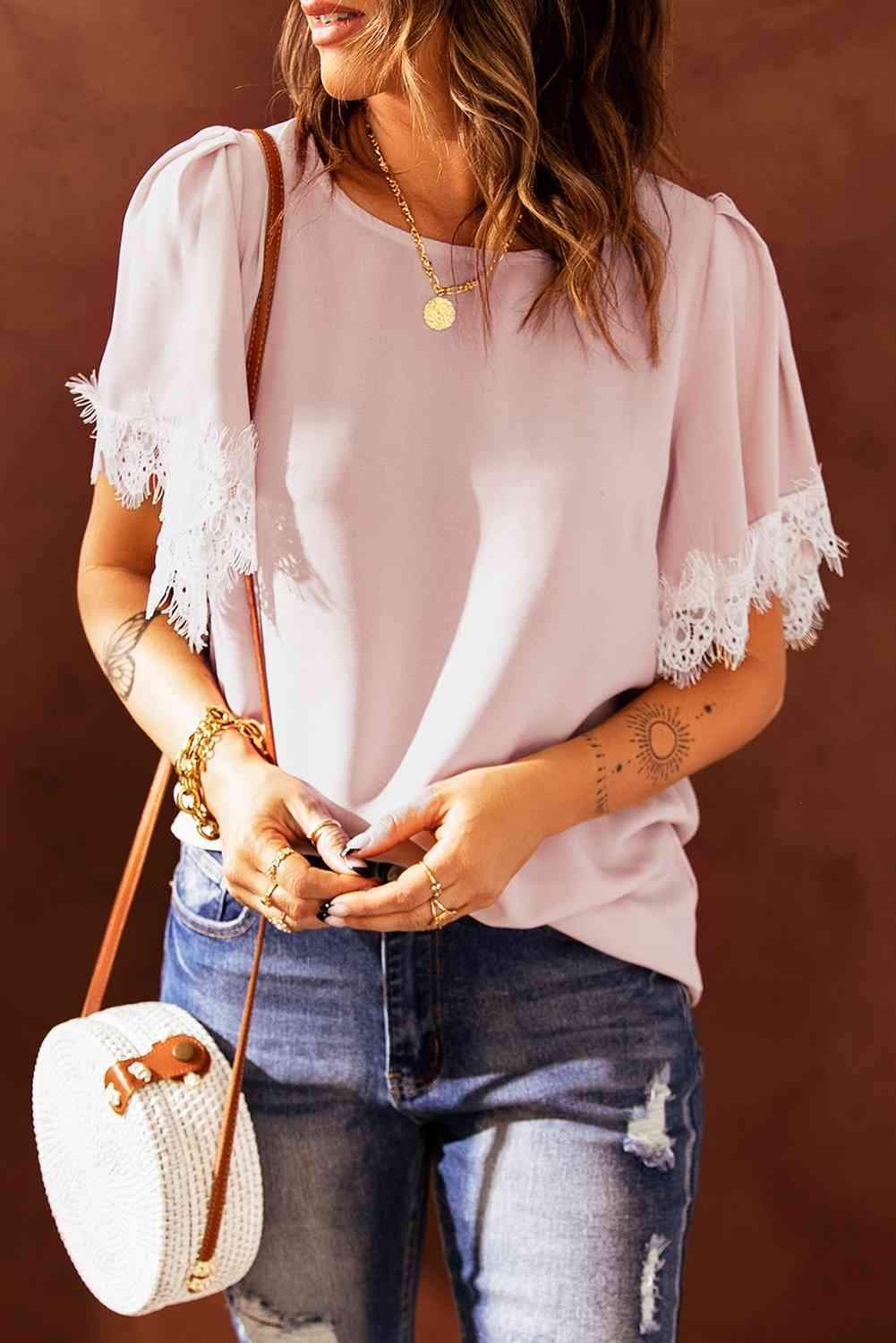 Lace Trim Flutter Sleeve Blouse Blush Pink Blouses - Tophatter Daily Deals