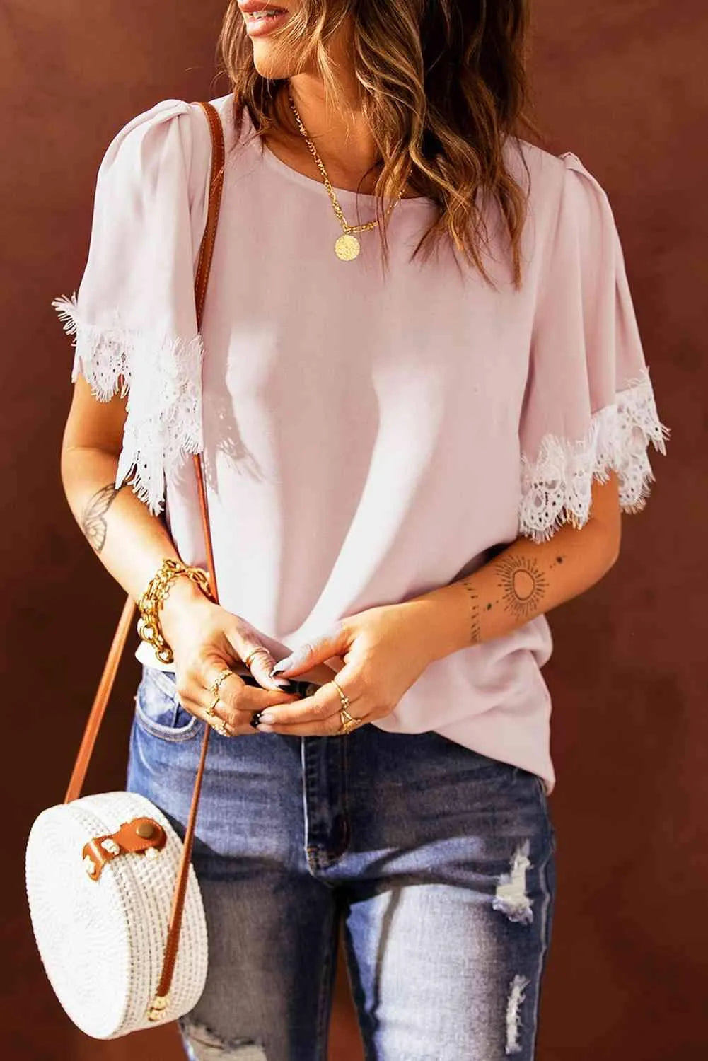 Lace Trim Flutter Sleeve Blouse Blush Pink Blouses - Tophatter Daily Deals