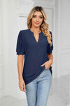 Eyelet Short Puff Sleeve Notched Neck Top Dark Navy Blouses - Tophatter Daily Deals