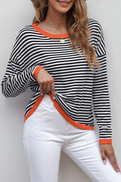 Striped Round Neck Drop Shoulder T-Shirt Blouses - Tophatter Daily Deals