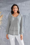 Waffle-Knit V-Neck Blouse with Breast Pocket Heather Gray Blouses - Tophatter Daily Deals