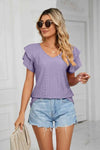 Eyelet Layered Flutter Sleeve V-Neck Knit Top Lavender Blouses - Tophatter Daily Deals