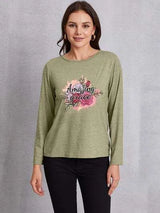 AMAZING GRACE Round Neck Long Sleeve T-Shirt Sage Women's T-Shirts - Tophatter Daily Deals