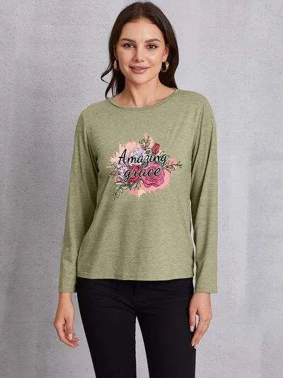 AMAZING GRACE Round Neck Long Sleeve T-Shirt Sage Women's T-Shirts - Tophatter Daily Deals