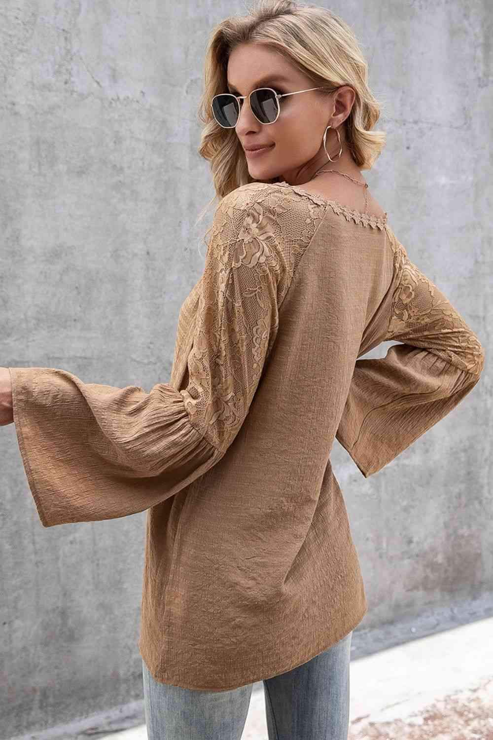 V-Neck Spliced Lace Flare Sleeve Top Blouses - Tophatter Daily Deals