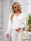 V-Neck Smocked Ruffled Long Sleeve Top White Women's T-Shirts - Tophatter Daily Deals