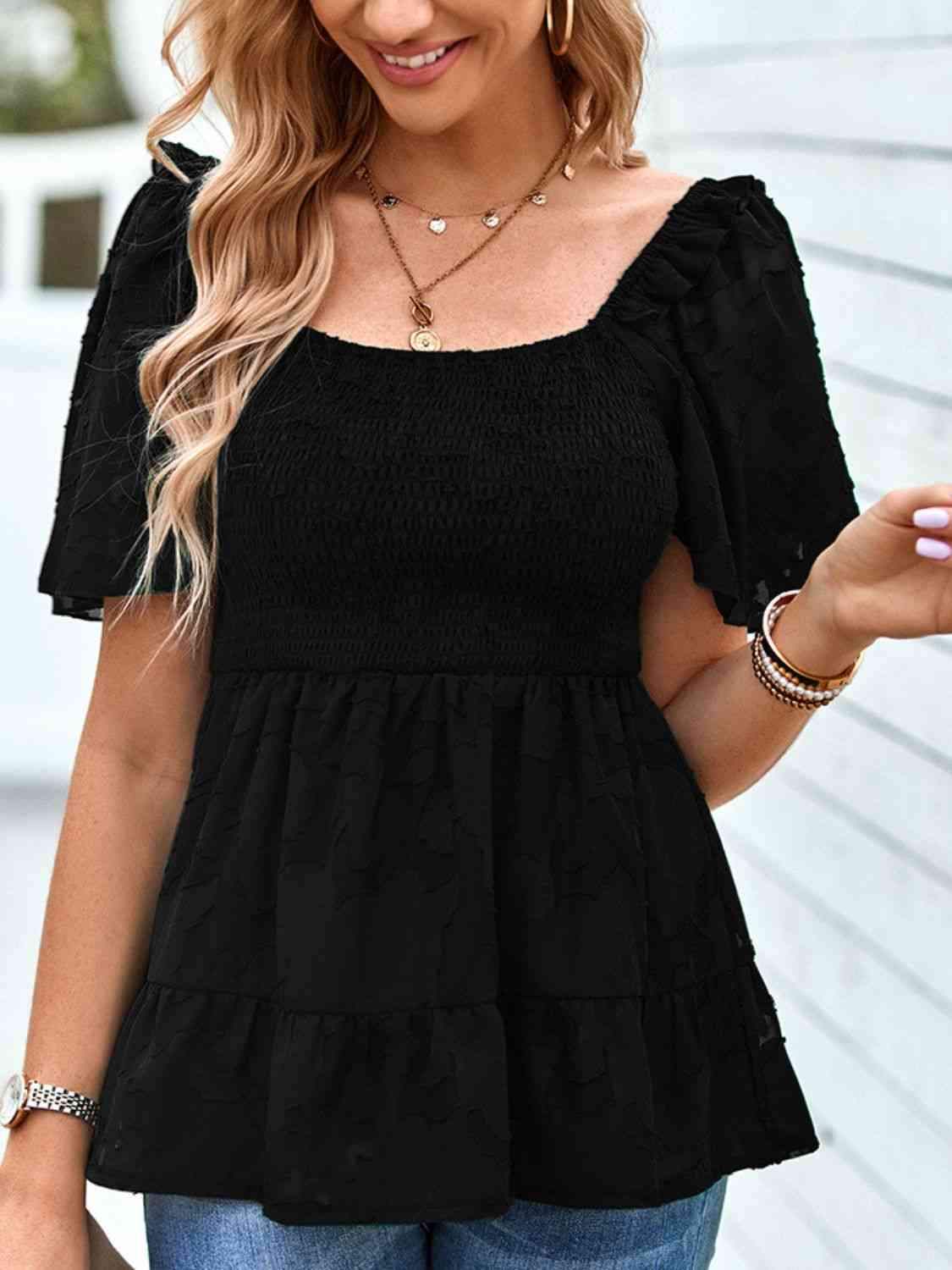 Smocked Square Neck Babydoll Blouse Blouses - Tophatter Daily Deals