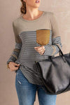 Pocketed Striped Round Neck T-Shirt Tan Women's T-Shirts - Tophatter Daily Deals