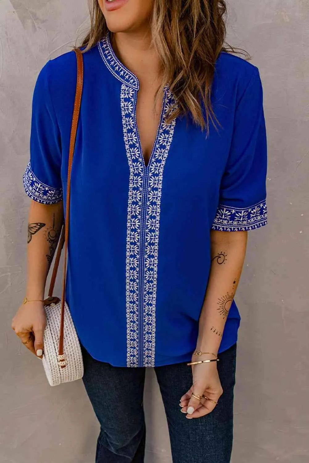 Embroidered V-Neck Top Blouses - Tophatter Daily Deals