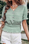 Decorative Button V-Neck Flounce Sleeve Peplum Top Gum Leaf Blouses - Tophatter Daily Deals