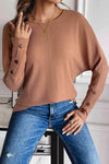 Waffle-Knit Round Neck Top Camel Blouses - Tophatter Daily Deals