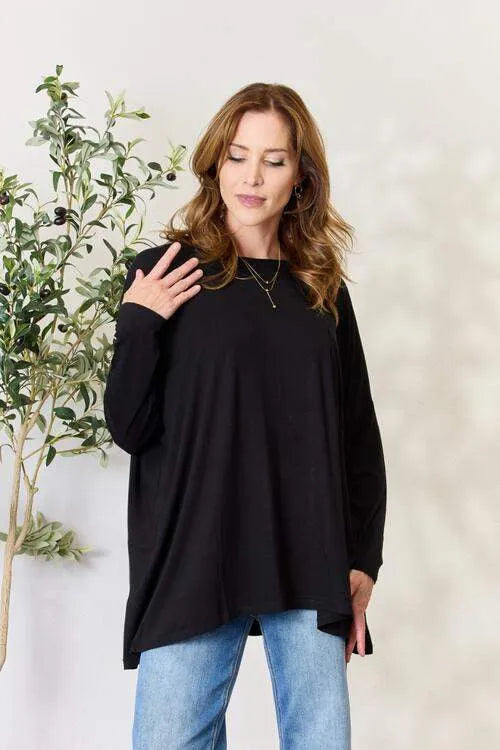 Zenana Full Size Round Neck Long Sleeve Top with Pocket Blouses - Tophatter Daily Deals