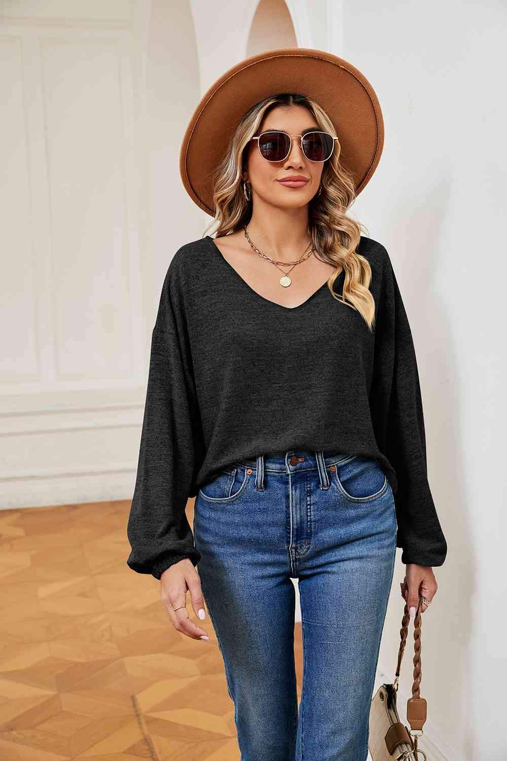 V-Neck Long Sleeve Top Black Blouses - Tophatter Daily Deals