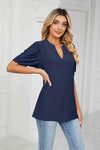 Eyelet Short Puff Sleeve Notched Neck Top Blouses - Tophatter Daily Deals