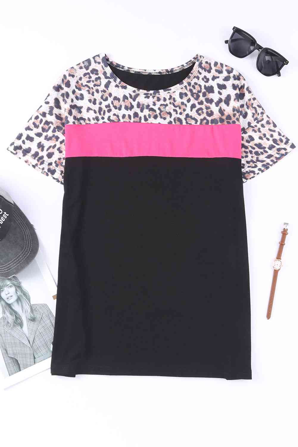 Leopard Color Block Short Sleeve Tee Women's T-Shirts - Tophatter Daily Deals