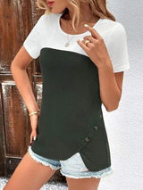 Waffle-Knit Decorative Button Round Neck T-Shirt Women's T-Shirts - Tophatter Daily Deals