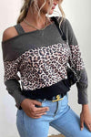 Leopard Print Color Block Cold Shoulder Top Gray Black Leopard Blouses - Tophatter Daily Deals