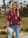 Printed Roll-Tab Sleeve Notched Neck Blouse Wine Blouses - Tophatter Daily Deals