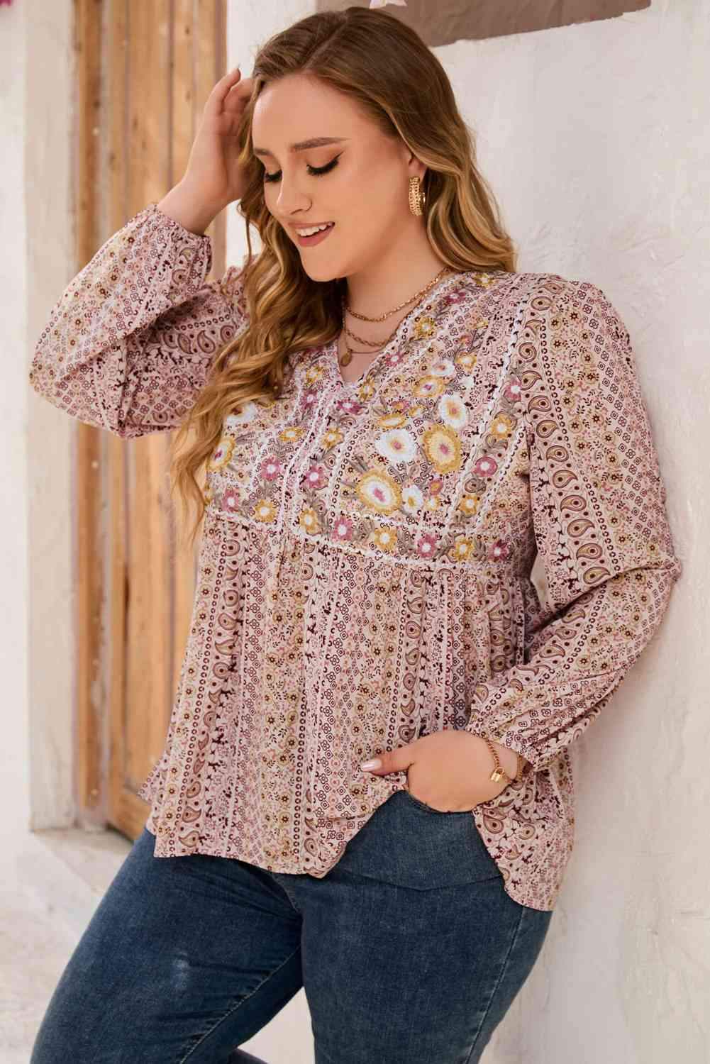 Plus Size V-Neck Printed Long Sleeve Blouse Blouses - Tophatter Daily Deals