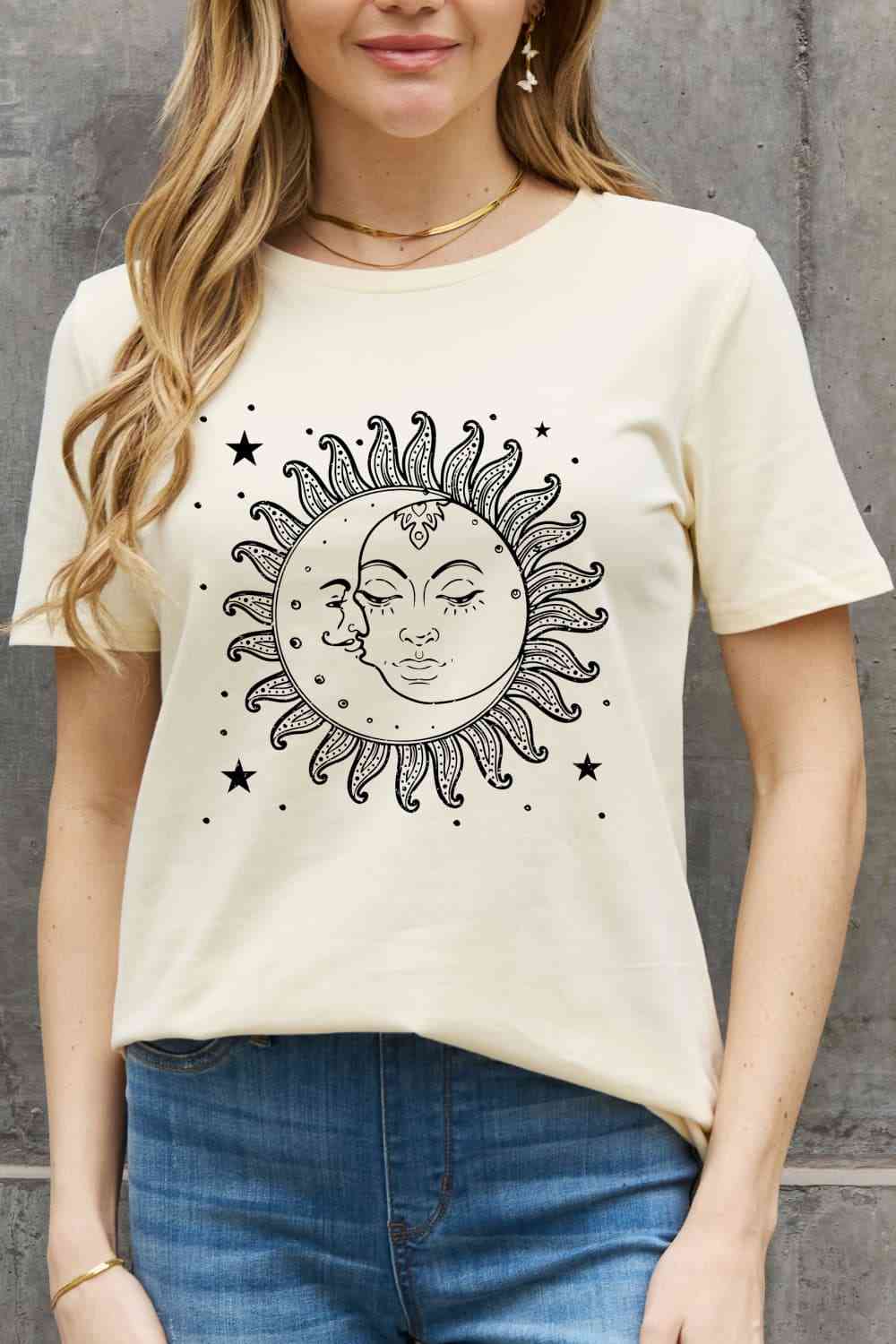 Simply Love Simply Love Sun and Star Graphic Cotton Tee Ivory Women's T-Shirts - Tophatter Daily Deals