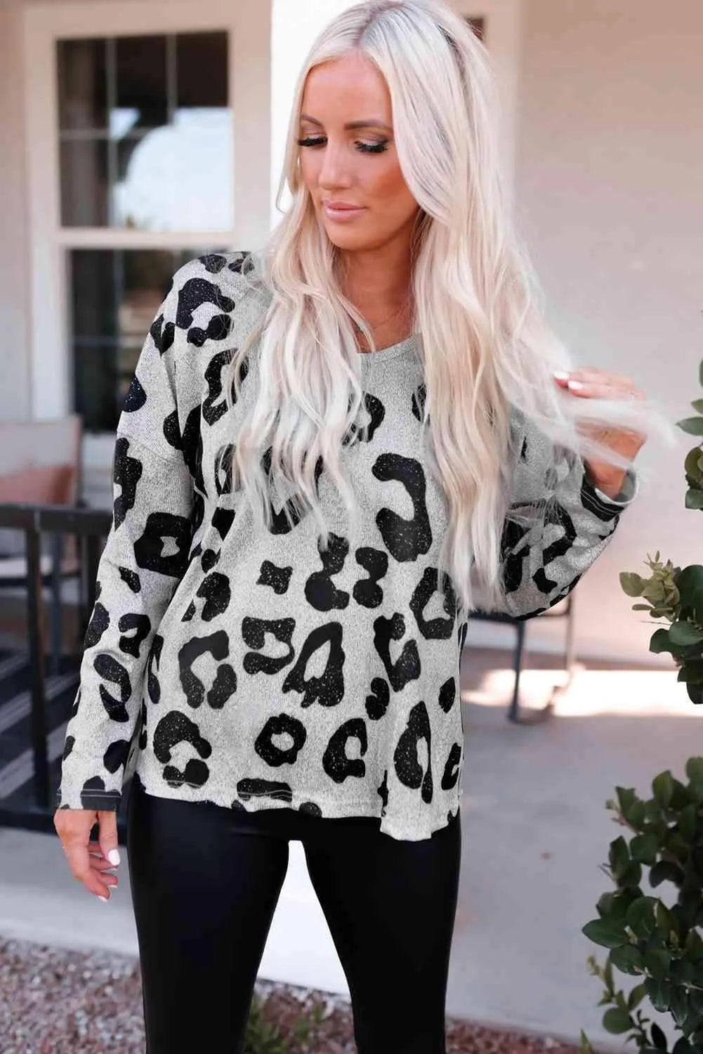 Leopard Round Neck Dropped Shoulder Top Blouses - Tophatter Daily Deals