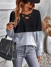 Contrast Crisscross V-Neck Long Sleeve Top Women's T-Shirts - Tophatter Daily Deals